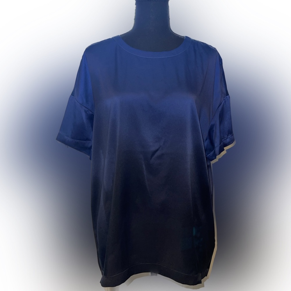 NWT - Badgley Mischka 100% SILK BLUE/Black Ombré Silk Hi/Low Lounge Top- Sz S